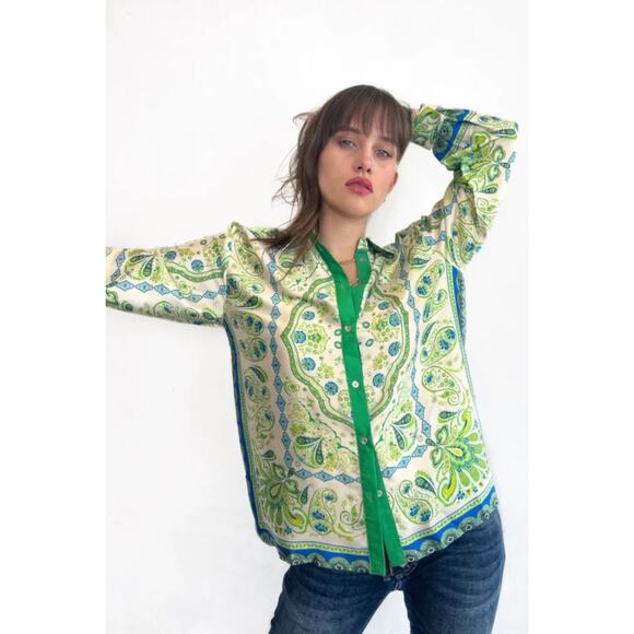 Zara Tops - Zara Women's Paisley Print Button-Up Blouse Green Blue Size Small